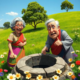 Two elderly women, with joyful expressions, dressed in traditional colorful clothing, standing beside a scared man