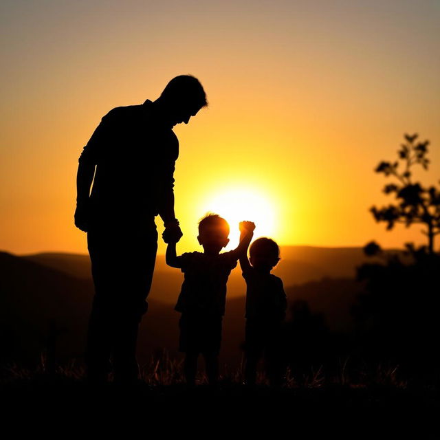 A beautiful silhouette image capturing a heartfelt moment between a man, a woman, and their 2-year-old son