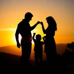 A beautiful silhouette image capturing a heartfelt moment between a man, a woman, and their 2-year-old son