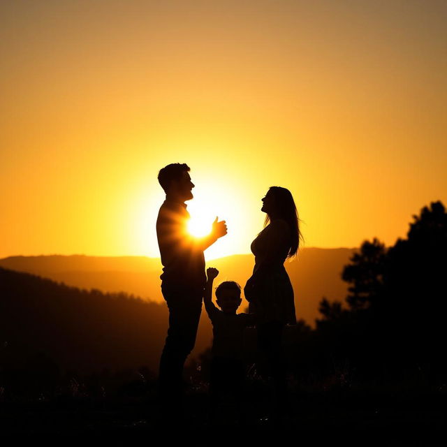 A beautiful silhouette image capturing a heartfelt moment between a man, a woman, and their 2-year-old son