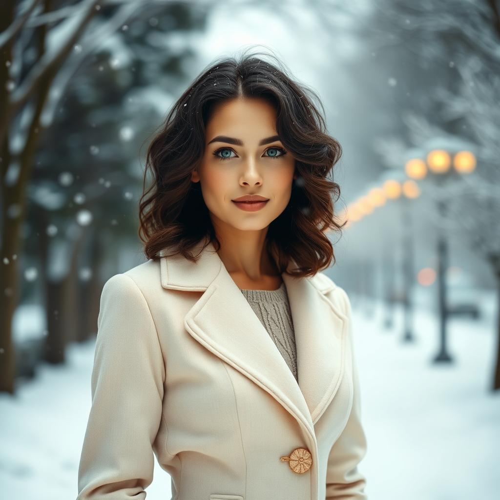 A 35-year-old woman with dark chestnut, shoulder-length curly hair, striking green eyes, and fair glowing skin