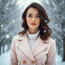 A 35-year-old woman with dark chestnut, shoulder-length curly hair, striking green eyes, and fair glowing skin