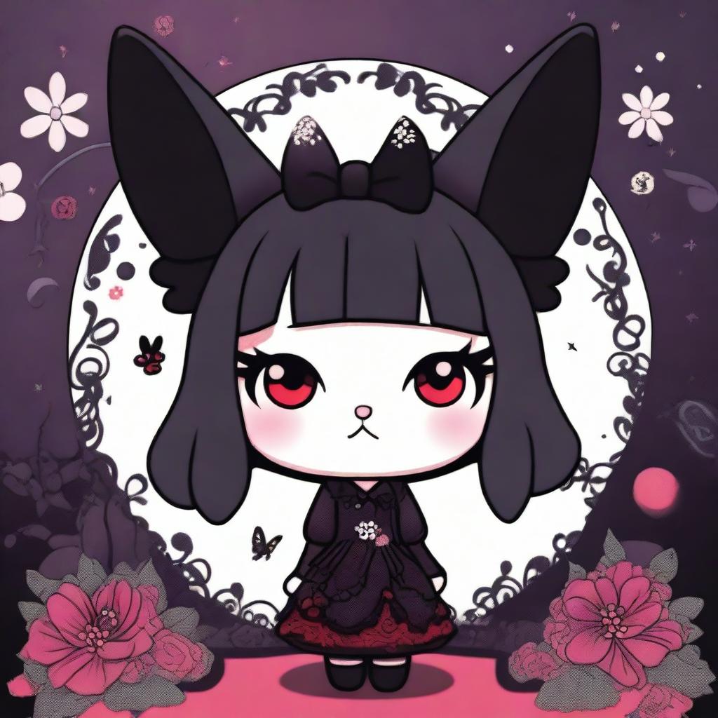 A high-quality digital art image of Kuromi from Sanrio, rendered in a gothic style