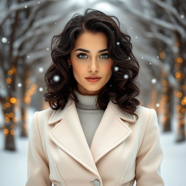 A 35-year-old woman with dark chestnut, shoulder-length curly hair, striking green eyes, and fair glowing skin