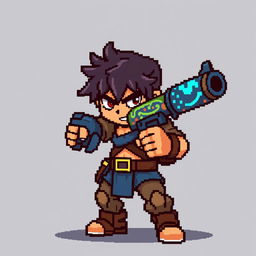 A pixel art scene depicting a character holding a pixelated gun, looking determined and ready for war