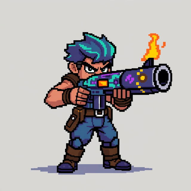 A pixel art scene depicting a character holding a pixelated gun, looking determined and ready for war