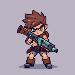 A pixel art scene depicting a character holding a pixelated gun, looking determined and ready for war