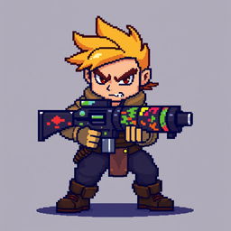 A pixel art scene depicting a character holding a pixelated gun, looking determined and ready for war