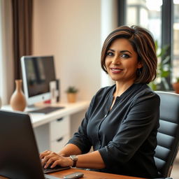 A beautiful Colombian woman aged between 40 and 45, with a fashionable hairstyle, sitting at her workplace