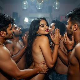 A sensual scene set at a lively house party, featuring an attractive 18-year-old Pakistani girl who is fully naked, showcasing her side boob in an alluring manner