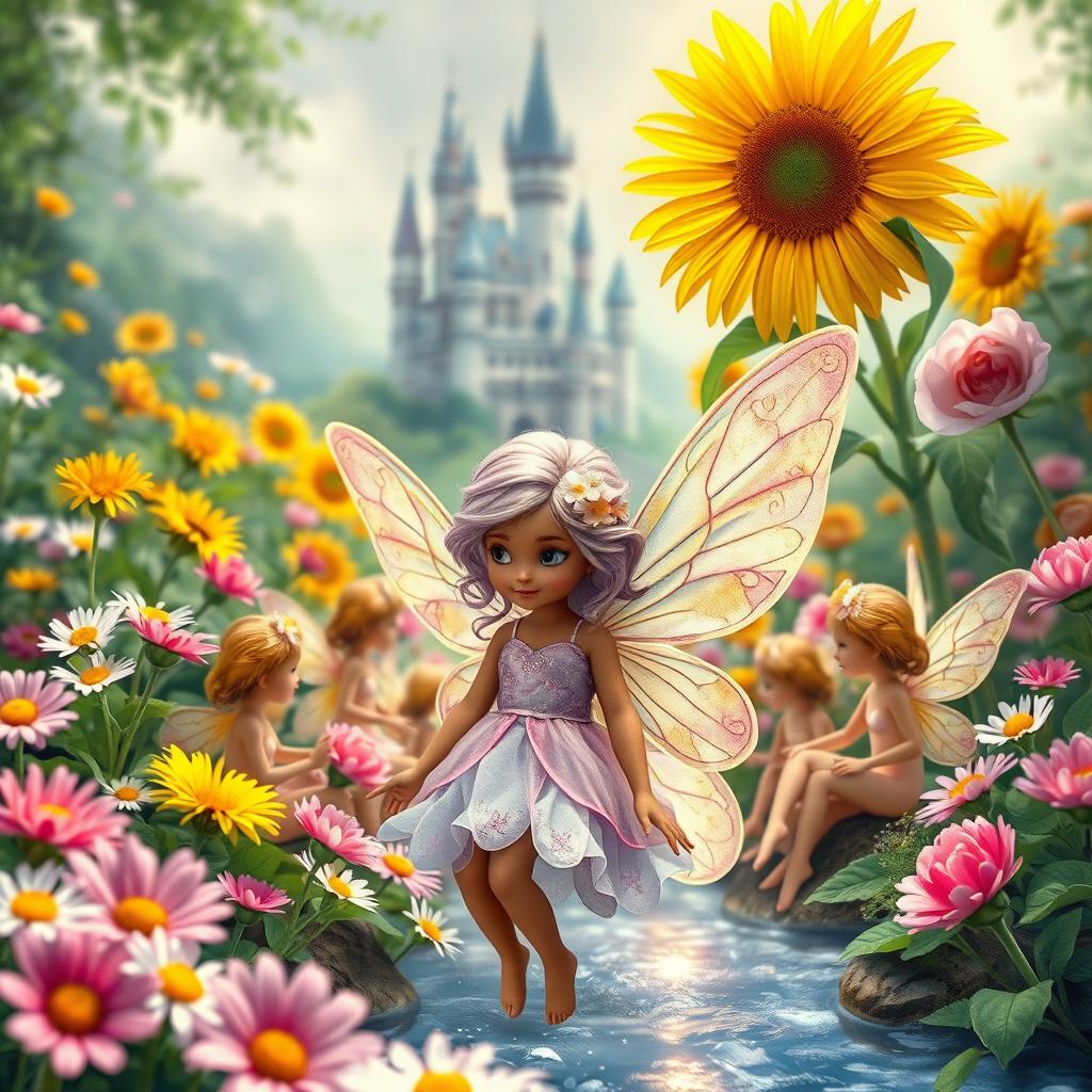 A magical book cover featuring a small flower fairy in a lush garden filled with vibrant daisies, elegant roses, and tall sunflowers