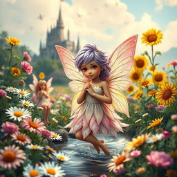 A magical book cover featuring a small flower fairy in a lush garden filled with vibrant daisies, elegant roses, and tall sunflowers
