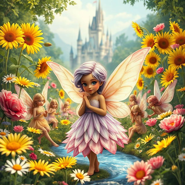 A magical book cover featuring a small flower fairy in a lush garden filled with vibrant daisies, elegant roses, and tall sunflowers