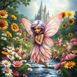 A magical book cover featuring a small flower fairy in a lush garden filled with vibrant daisies, elegant roses, and tall sunflowers