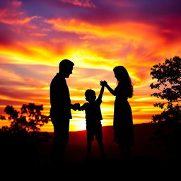 A captivating silhouette scene capturing a heartfelt moment between a man, a woman, and their 2-year-old son against a colorful nature sunset