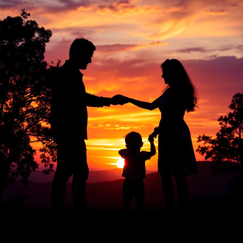 A captivating silhouette scene capturing a heartfelt moment between a man, a woman, and their 2-year-old son against a colorful nature sunset