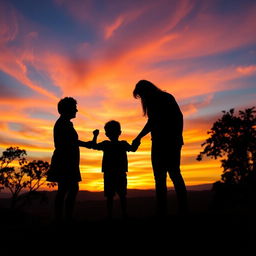 A captivating silhouette scene capturing a heartfelt moment between a man, a woman, and their 2-year-old son against a colorful nature sunset