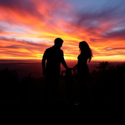 A captivating silhouette scene capturing a heartfelt moment between a man, a woman, and their 2-year-old son against a colorful nature sunset