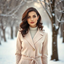 A 35-year-old woman with dark chestnut shoulder-length curly hair, striking green eyes, and fair glowing skin