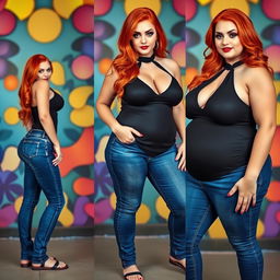 A series of three full-length photos showcasing the transformation of a beautiful, sexy, curvy woman with long flame red hair and bright, striking makeup