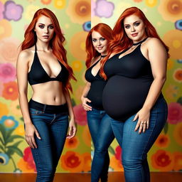 A series of three full-length photos showcasing the transformation of a beautiful, sexy, curvy woman with long flame red hair and bright, striking makeup