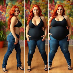 A series of three full-length photos showcasing the transformation of a beautiful, sexy, curvy woman with long flame red hair and bright, striking makeup