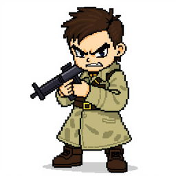A dynamic pixel art scene featuring a character in military clothing, holding a pixelated gun