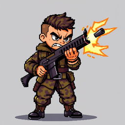 A dynamic pixel art scene featuring a character in military clothing, holding a pixelated gun
