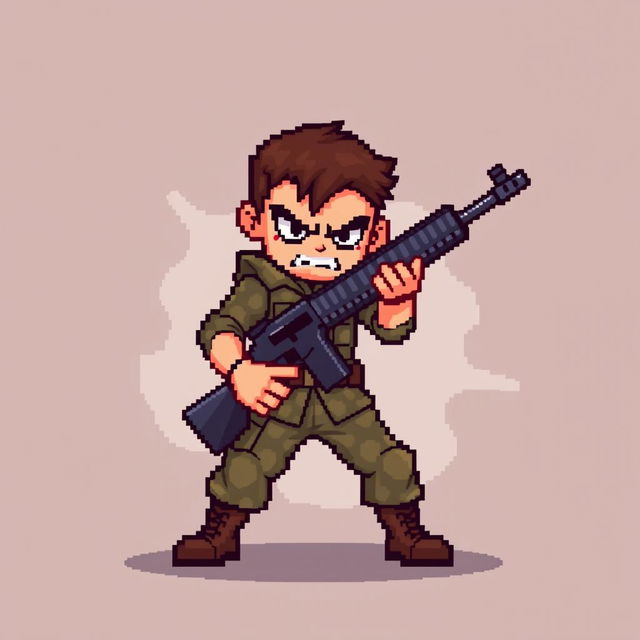 A dynamic pixel art scene featuring a character in military clothing, holding a pixelated gun