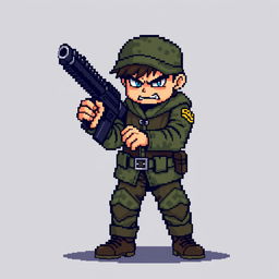 A dynamic pixel art scene featuring a character in military clothing, holding a pixelated gun