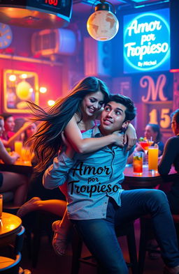 A young woman stumbling and falling onto a young man in a lively bar setting, with vibrant colors and a cozy atmosphere