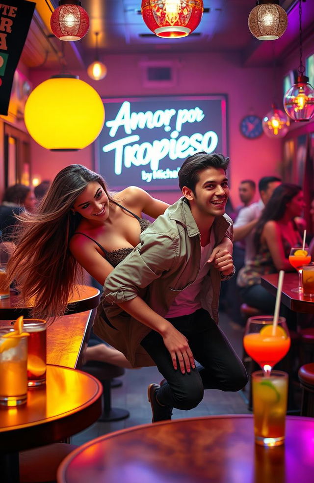 A young woman stumbling and falling onto a young man in a lively bar setting, with vibrant colors and a cozy atmosphere