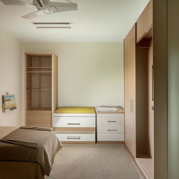 A spacious room measuring 30 feet by 12 feet, containing a comfortable queen size bed, a well-organized study table, and a large sleek wardrobe, arranged optimally for functionality and aesthetics.