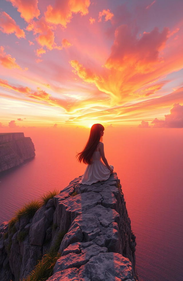 A breathtaking sunset view with a vibrant orange and pink sky, illuminating the clouds as the sun sinks below the horizon