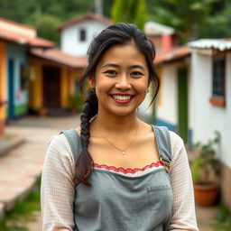 A charming Colombian woman embodying a simple and wholesome look, dressed in modest, everyday clothing