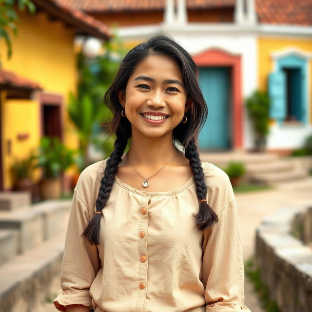 A charming Colombian woman embodying a simple and wholesome look, dressed in modest, everyday clothing