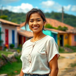 A charming Colombian woman embodying a simple and wholesome look, dressed in modest, everyday clothing