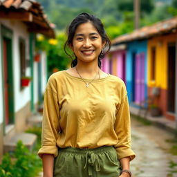 A charming Colombian woman embodying a simple and wholesome look, dressed in modest, everyday clothing