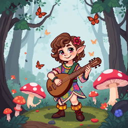 An 8-bit style illustration of a female halfling bard, featuring a cheerful expression, wearing a colorful outfit with vibrant patterns, holding a lute