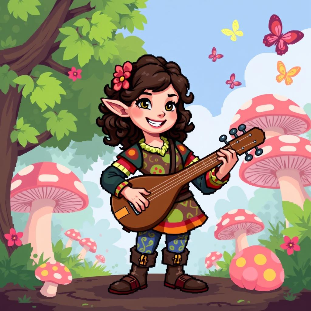 An 8-bit style illustration of a female halfling bard, featuring a cheerful expression, wearing a colorful outfit with vibrant patterns, holding a lute