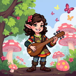 An 8-bit style illustration of a female halfling bard, featuring a cheerful expression, wearing a colorful outfit with vibrant patterns, holding a lute