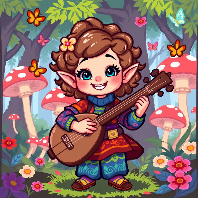 An 8-bit style illustration of a female halfling bard, featuring a cheerful expression, wearing a colorful outfit with vibrant patterns, holding a lute