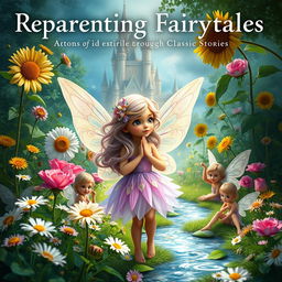 A magical book cover featuring a small flower fairy in a lush garden filled with vibrant daisies, elegant roses, and tall sunflowers