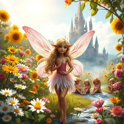 A magical book cover featuring a small flower fairy in a lush garden filled with vibrant daisies, elegant roses, and tall sunflowers