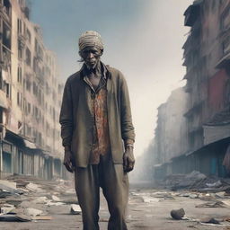 A hyper-realistic digital artwork of a destitute individual in tattered clothes, standing against a blurred cityscape