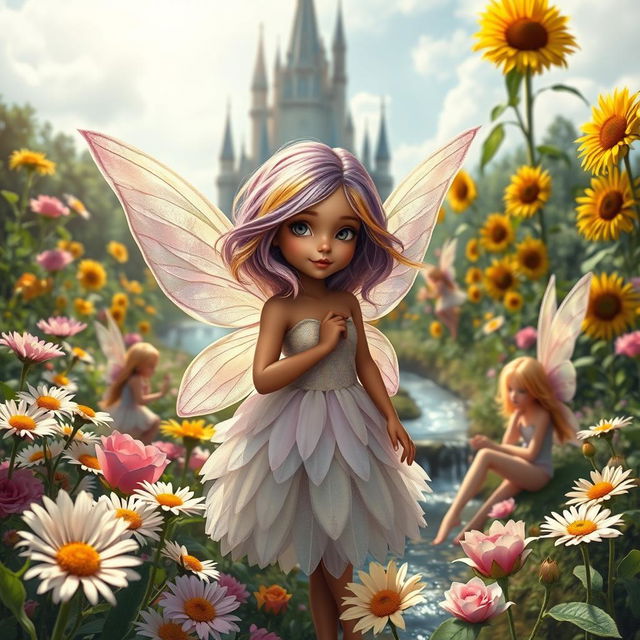 A magical book cover featuring a small flower fairy in a lush garden filled with vibrant daisies, elegant roses, and tall sunflowers