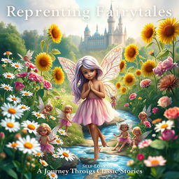 A magical book cover featuring a small flower fairy in a lush garden filled with vibrant daisies, elegant roses, and tall sunflowers