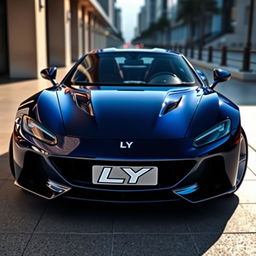 A beautiful dark blue sports car with a sleek and modern design, featuring the distinct LY logo prominently displayed on the front
