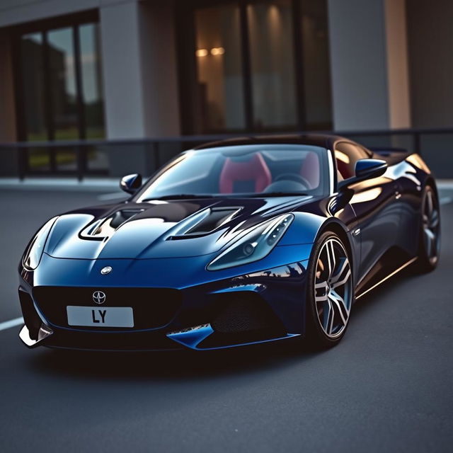 A beautiful dark blue sports car with a sleek and modern design, featuring the distinct LY logo prominently displayed on the front