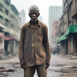 A hyper-realistic digital artwork of a destitute individual in tattered clothes, standing against a blurred cityscape